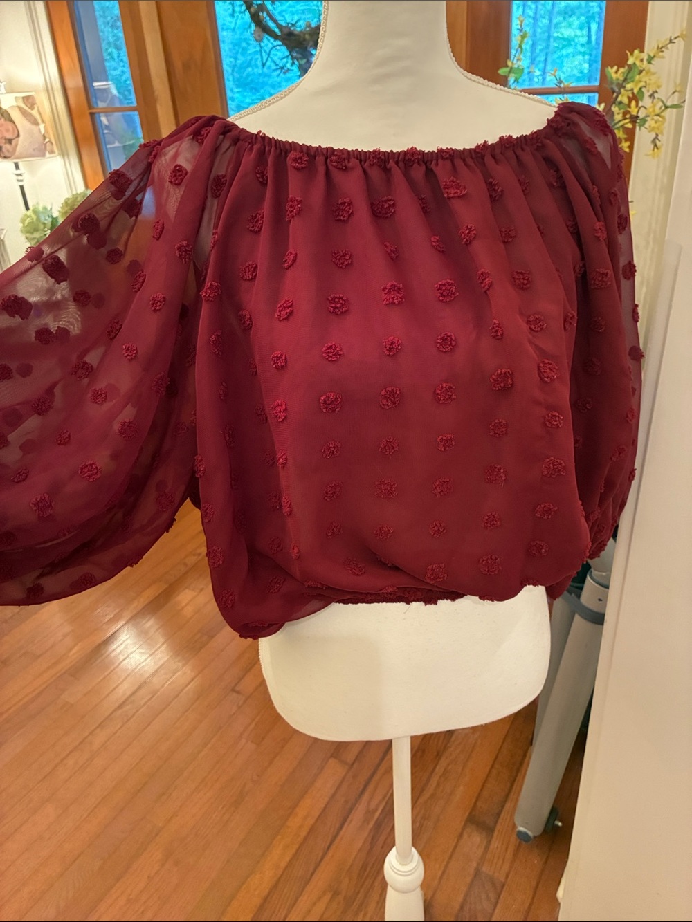 Mod On Trend Women's Burgundy Swiss Dot Cropped Cinched Blouse